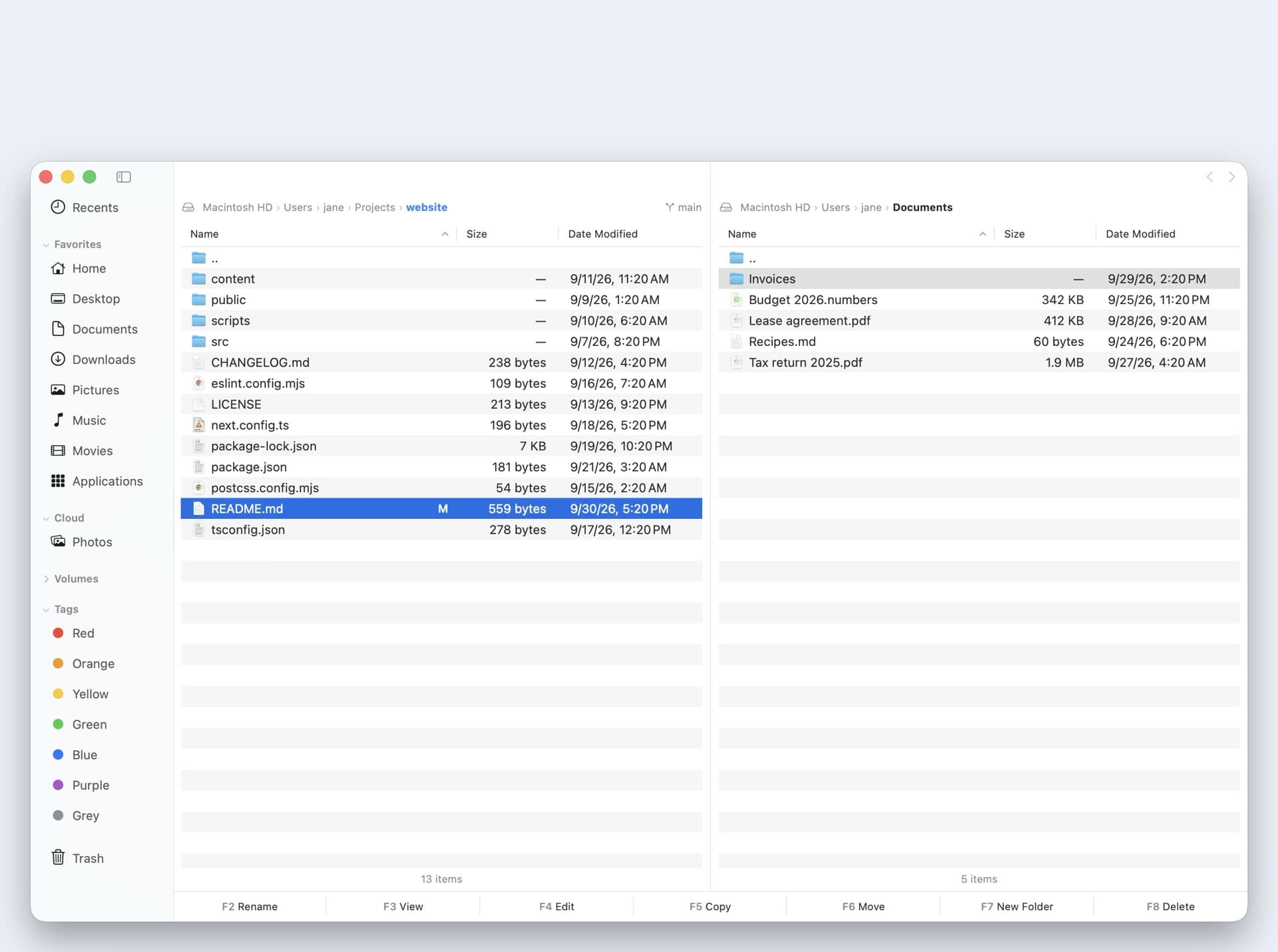 In Dirnex, ⌘K opens the command palette, a few letters find New Folder, and Return makes the folder.