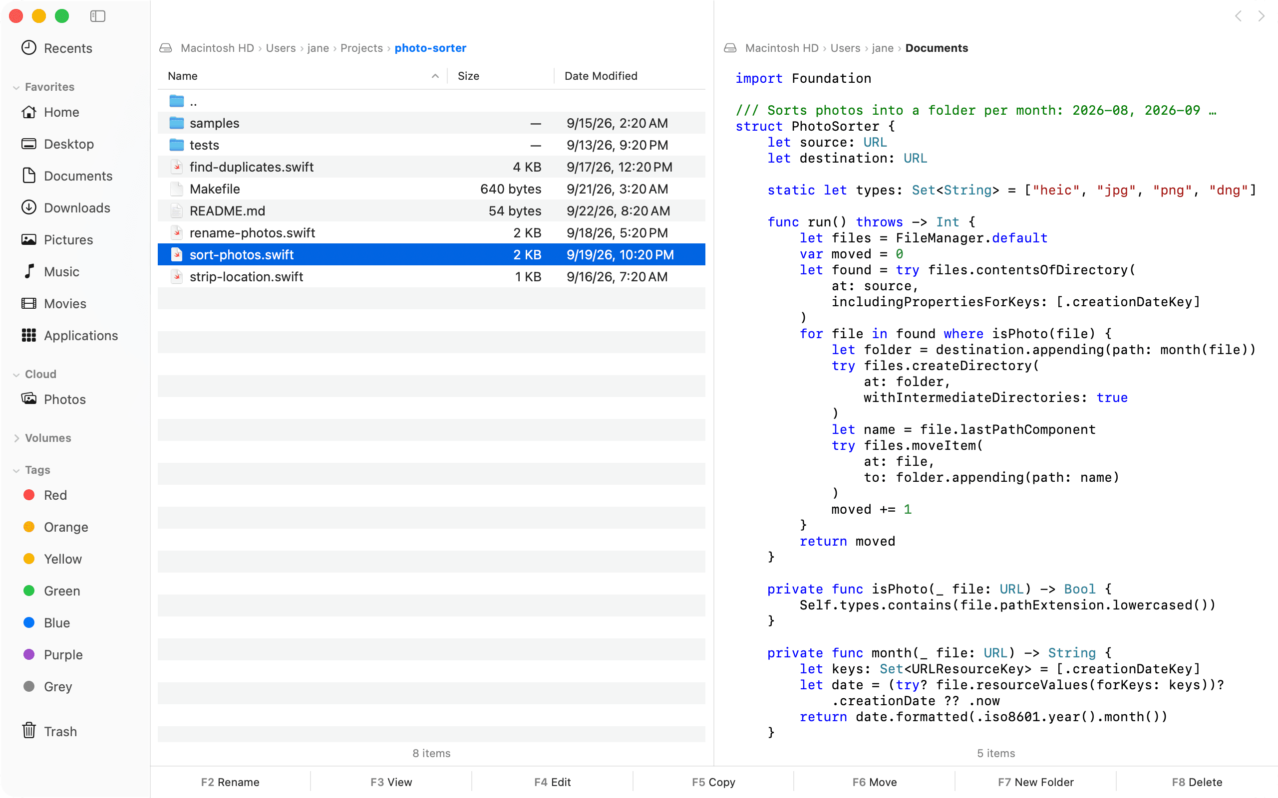 Quick View in Dirnex, showing a Swift file with its code highlighted in colors