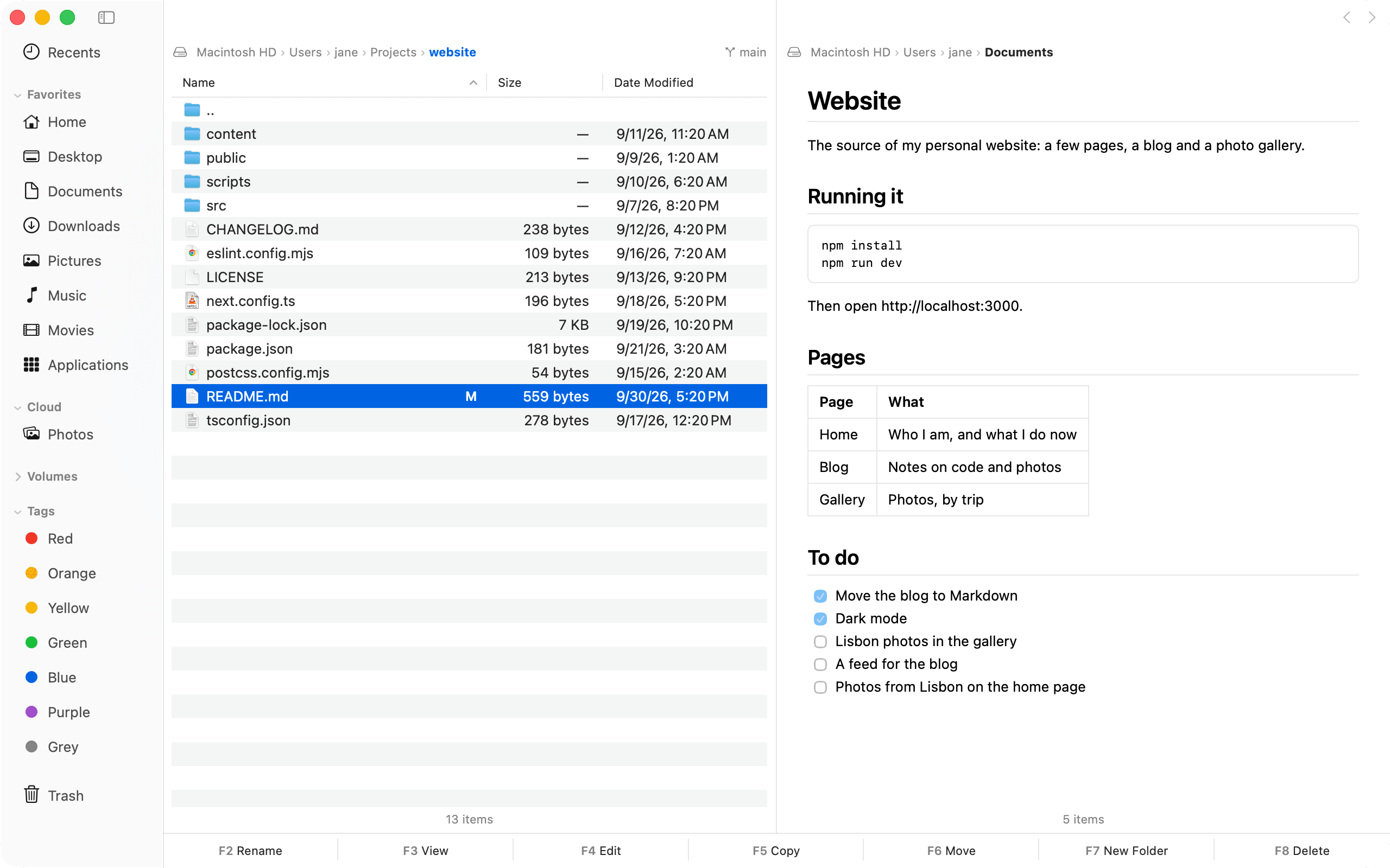 Quick View in Dirnex, showing a project’s README file as a formatted page with headings, a table and a to-do list